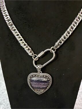 Rainbow Fluorite Heart Pendant Carabiner Chain Necklace Stainless Steel
